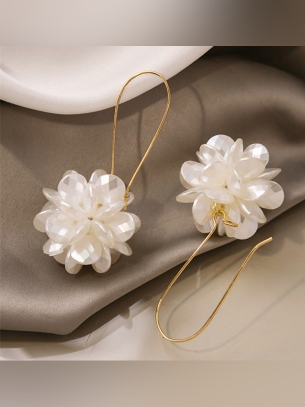 Delicate White Floral Drop Earrings with Gold Hoops - Picture 2 of 4